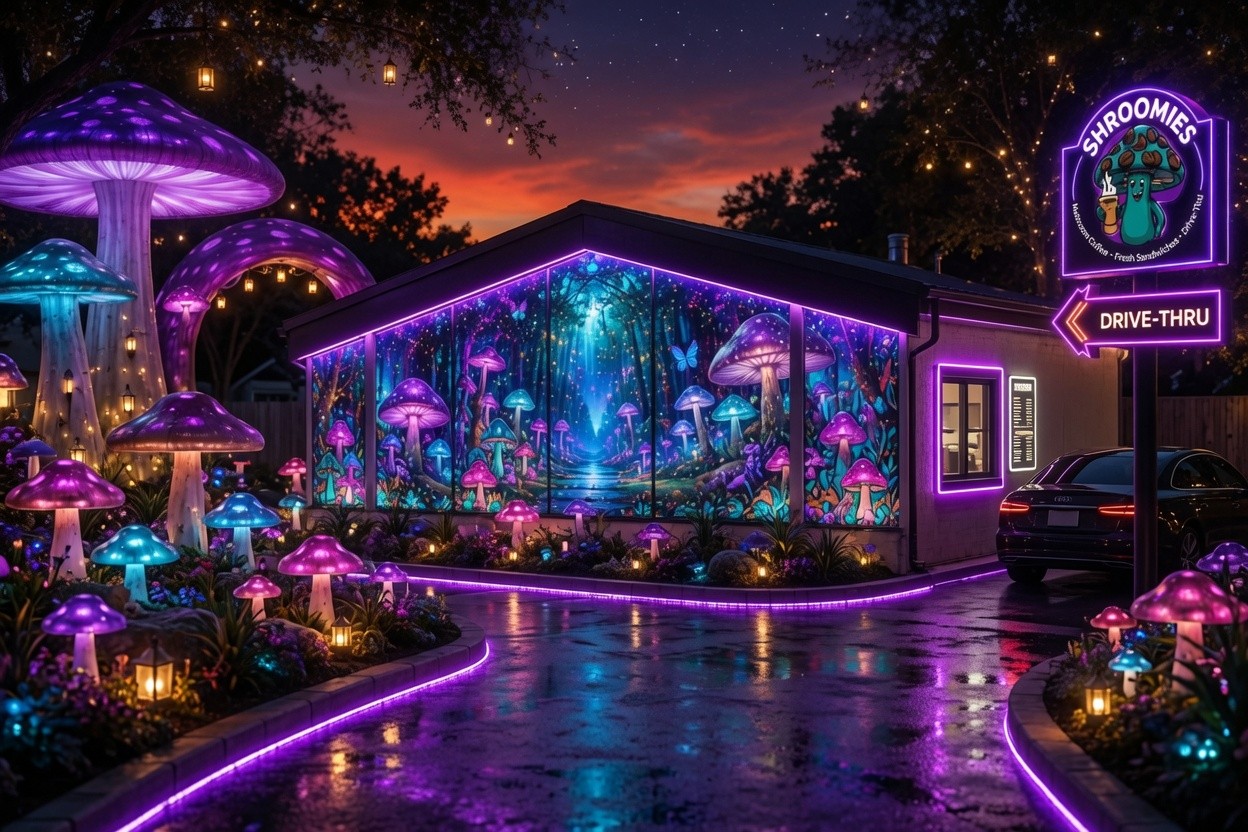 Shroomies drive-thru at night — glowing mushroom mural and neon-lit building