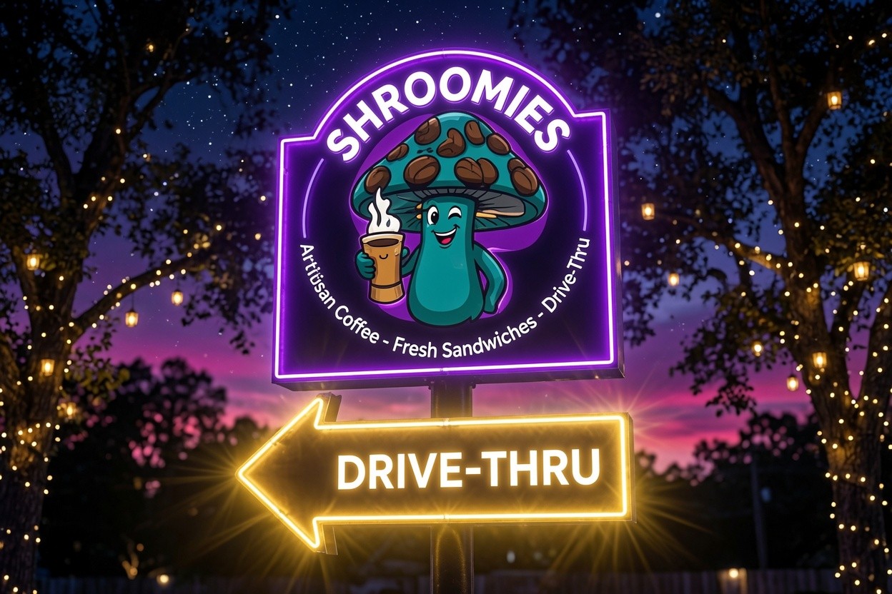 Shroomies neon sign with golden drive-thru arrow