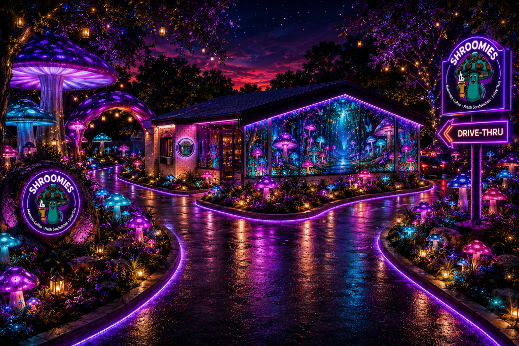 Winding neon-lit drive-thru lane surrounded by glowing mushrooms